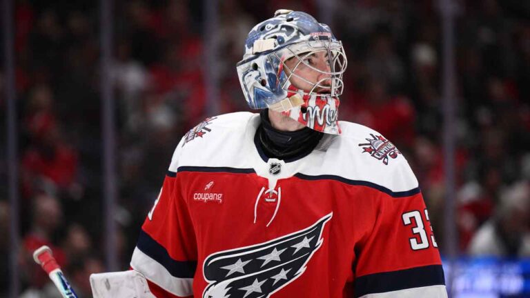 Washington Capitals goaltender Clay Stevenson (33) in action during the second period of an NHL hockey game against the Carolina Hurricanes. (Nick Wass/AP)