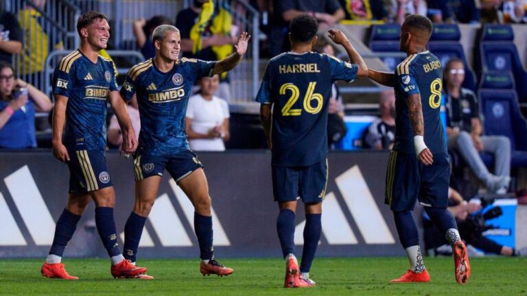 Philadelphia Union's Cavan Sullivan, second from left, celebrates after his goal with Nathan Harriel (26), Jesus Bueno (8) and Kai Wagner, left, during the second half of an MLS soccer match against CF Montreal, Saturday, Sept. 5, 2026, in Chester, Pa. (Chris Szagola/AP)