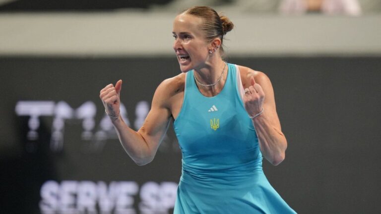 Elina Svitolina of Ukraine celebrates winning her match against Jasmine Paolini of Italy in the Billie Jean King Cup women's singles semifinal between Ukraine and Italy, in Shenzhen, China, Saturday, Sept. 26, 2026. (Andy Wong/AP)