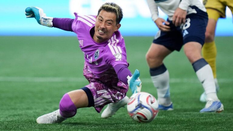 Vancouver Whitecaps goalkeeper Yohei Takaoka allows a goal to St. Louis City's Conrad Wallem, not seen, during the first half of an MLS match, in Vancouver, on Saturday, Sept. 5, 2026. (Darryl Dyck/CP)