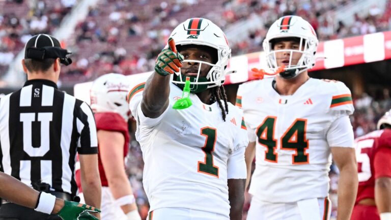 Miami wide receiver Malachi Toney (1) reacts after scoring a touchdown against Stanford during the first half of an NCAA college football game Friday, Sept. 4, 2026, in Stanford, Calif. (Thien-An Troung/AP Photo)