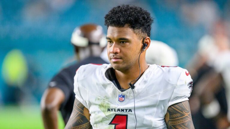 Atlanta Falcons quarterback Tua Tagovailoa (1) walks on the sidelines during an NFL preseason football game in Miami Gardens, Fla., Friday, Aug. 28, 2026. (Doug Murray/AP)
