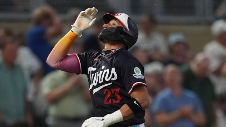 Minnesota Twins' Royce Lewis (23) runs the bases after hitting a 3-run home run during the sixth inning of a baseball game against the Detroit Tigers Tuesday, Sept. 1, 2026, in Minneapolis. (Abbie Parr/AP Photo)
