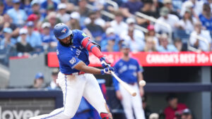 Toronto Blue Jays first baseman Vladimir Guerrero Jr. hits a solo home run and his first of the season at home while playing against the Baltimore Orioles during fifth inning American League MLB baseball action in Toronto on Sunday, Sept. 13, 2026. (Nathan Denette/CP)