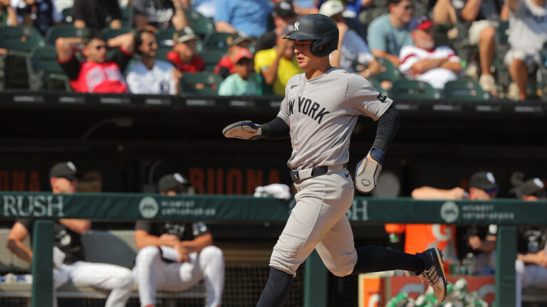 New York Yankees' Anthony Volpe scores on Trent Grisham's RBI single during the 10th inning of a baseball game against the Chicago White Sox, Thursday, July 30, 2026, in Chicago. (Melissa Tamez/AP)
