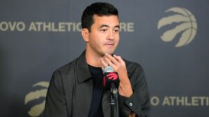 Toronto Raptors general manager and executive Vice President Bobby Webster addresses the media in Toronto on Thursday, Sept. 24 2026. (Chris Young/CP)