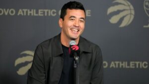 Toronto Raptors general manager and executive Vice President Bobby Webster addresses the media in Toronto on Thursday, Sept. 24 2026. (Chris Young/CP)