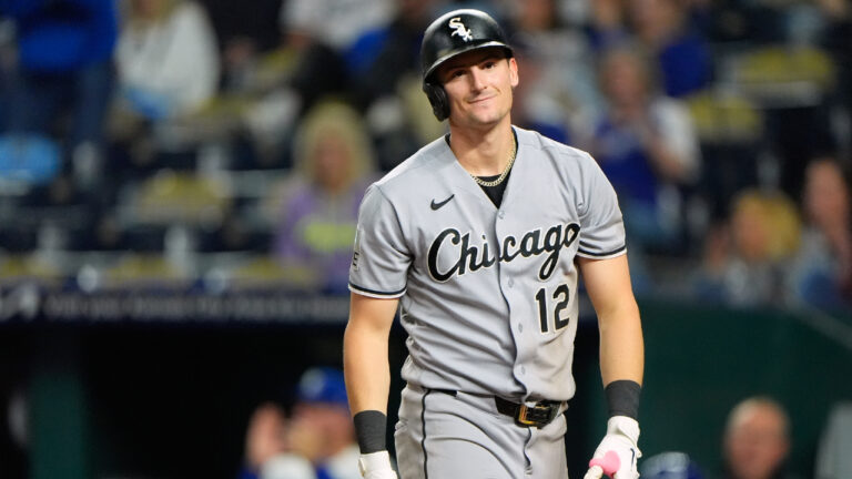 Chicago White Sox's Colson Montgomery reacts after striking out during the ninth inning of a baseball game against the Kansas City Royals, Wednesday, Sept. 23, 2026, in Kansas City, Mo. (Charlie Riedel/AP)