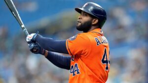 Houston Astros' Yordan Alvarez strikes out against Tampa Bay Rays pitcher Freddy Peralta during the first inning of a baseball game Sunday, Sept. 13, 2026, in St. Petersburg, Fla. (Chris O'Meara/AP)