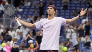 Alexander Zverev, of Germany, celebrates defeating Lorenzo Sonego, of Italy, in five sets In the first round of the U.S. Open tennis championships early Wednesday, Sept. 2, 2026, in New York. (Frank Franklin II/AP)