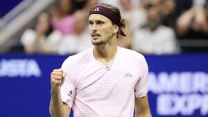 Alexander Zverev, of Germany, reacts after winning a point against Botic van de Zandschulp, of the Netherlands, during the quarterfinal round of the U.S. Open tennis championships, Wednesday, Sept. 9, 2026, in New York. (Adam Hunger/AP)