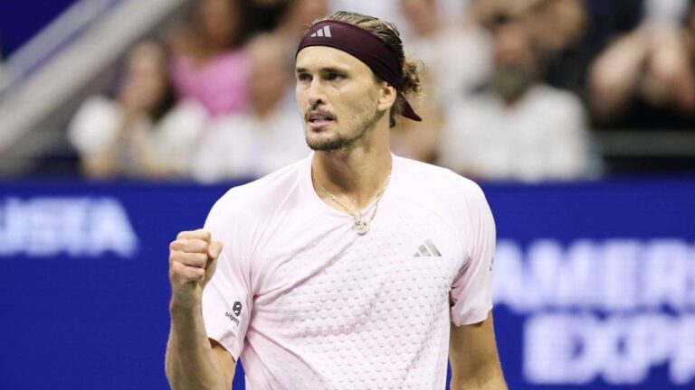 Alexander Zverev, of Germany, reacts after winning a point against Botic van de Zandschulp, of the Netherlands, during the quarterfinal round of the U.S. Open tennis championships, Wednesday, Sept. 9, 2026, in New York. (Adam Hunger/AP)
