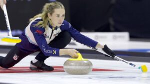 Canada’s Kayla MacMillan sliding out of the hack while throwing a shot against Canada’s Team Rachel Homan at the Co-op Invitational GSOC event on Tuesday Oct. 14, 2026, in Victoria, B.C. (Anil Mungal/TCG)