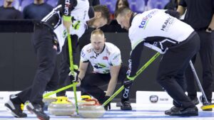 Canada’s Brad Jacobs (middle) guiding a rock with Brett Gallant (left) and Ben Hebert (right) sweeping against Canada’s Team Brendan Bottcher at the Co-op Invitational GSOC event on Wednesday Oct. 15, 2026, in Victoria, B.C. (Anil Mungal/TCG)