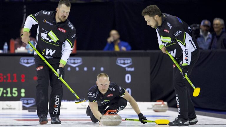 Ben Hebert (left) and Brett Gallant (right) get ready to sweep Brad Jacobs’ (middle) rock during their semifinal match against Switzerland’s Yannick Schwaller at Co-op Invitational final on Saturday Oct. 17, 2026, in Victoria, B.C. (Anil Mungal/TCG)