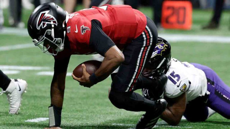 Atlanta Falcons quarterback Michael Penix Jr. (9) is sacked by Baltimore Ravens linebacker Mike Green (15) during the first half of an NFL football game, Sunday, Oct. 11, 2026, in Atlanta. (Erik S. Lesser/AP)