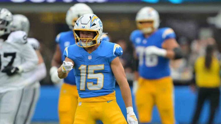 Los Angeles Chargers wide receiver Ladd McConkey (15) reacts after a catch during the first half of an NFL football game against the Las Vegas Raiders in Inglewood, Calif., Sunday, Sept. 20, 2026. (Jayne Kamin-Oncea/AP)