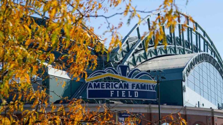 Fall colours are seen outside American Family Field prior to Game 2 of baseball's National League Championship Series between the Milwaukee Brewers and the Los Angeles Dodgers, Monday, Oct. 12, 2026, in Milwaukee. (Kayla Wolf/AP)