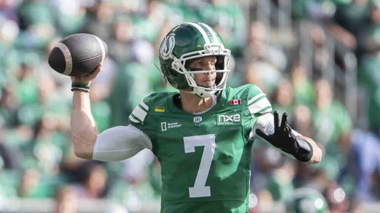 Saskatchewan Roughriders quarterback Trevor Harris (7) throws a pass during first half CFL action against the Montreal Alouettes in Regina on Oct. 17, 2026. (Kayle Neis/CP)