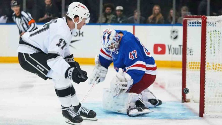Los Angeles Kings' Taylor Ward (17) shoots the puck past New York Rangers goaltender James Reimer (47) during the first period of an NHL hockey game Monday, Oct. 26, 2026, in New York. (Frank Franklin II/AP)