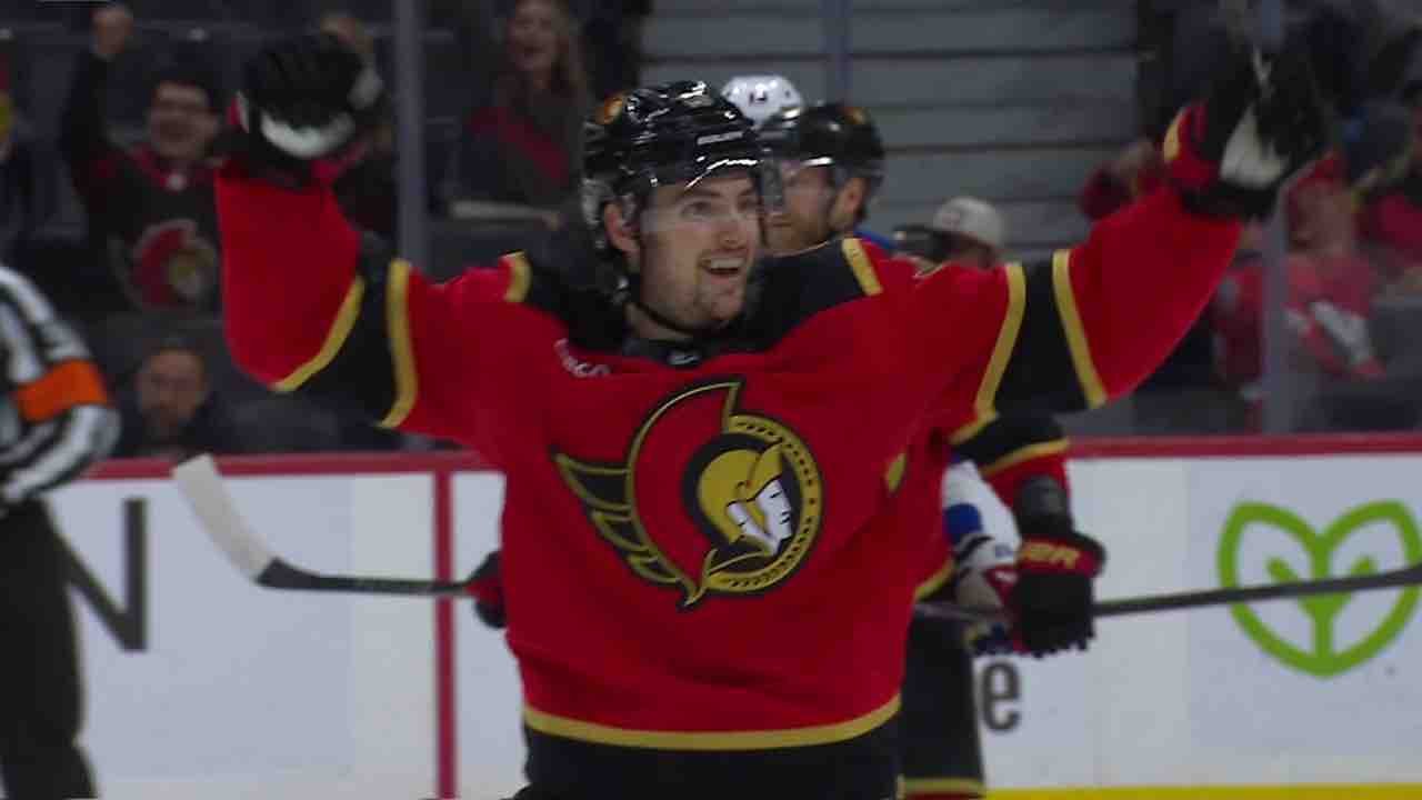 Senators’ Batherson scores hat-trick with unusual empty-net goal