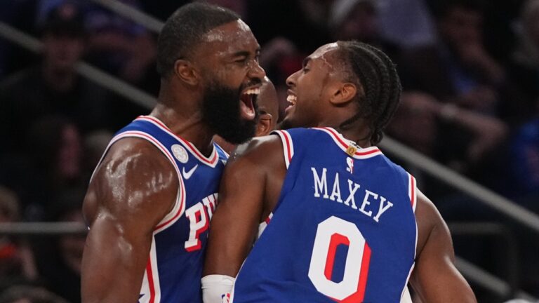 Philadelphia 76ers guard Jaylen Brown, left, celebrates a three-point basket with teammate guard Tyrese Maxey during the second half of an NBA basketball game against the New York Knicks Tuesday, Oct. 20, 2026, in New York. (AP Photo/Frank Franklin II)