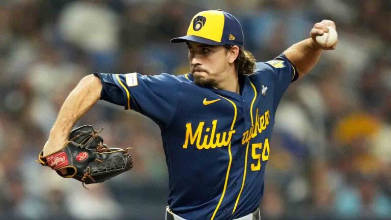 Milwaukee Brewers pitcher Robert Gasser throws during the sixth inning of Game 3 of baseball's World Series, Monday, Oct. 26, 2026, in St. Petersburg, Fla., between the Milwaukee Brewers and the Tampa Bay Rays. (Ashley Landis/AP)