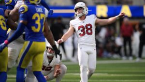 Arizona Cardinals kicker Chad Ryland (38) watches his field goal during the second half of an NFL football game against the Los Angeles Rams in Inglewood, Calif., Sunday, Oct. 18, 2026. (Gregory Bull/AP)