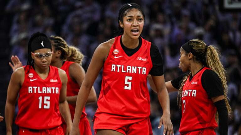 Atlanta Dream forward Angel Reese (5) reacts during the first half of Game 2 of the WNBA basketball finals against the Golden State Valkyries, Monday, Oct. 19, 2026, in San Francisco. (Justine Willard/AP)