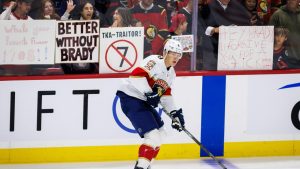 Florida Panthers' Brady Tkachuk (8) skates during warmups prior to an NHL hockey game against the Ottawa Senators in Ottawa, on Wednesday, Oct. 21, 2026. (Keito Newman/CP)