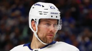 Toronto Maple Leafs defenseman Brandon Carlo (25) skates during the second period of an NHL hockey game against the Buffalo Sabres Saturday, March 14, 2026, in Buffalo, N.Y. (Jeffrey T. Barnes/AP)
