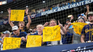 Milwaukee Brewers fans cheer after Game 3 of baseball's World Series, Monday, Oct. 26, 2026, in St. Petersburg, Fla., between the Milwaukee Brewers and the Tampa Bay Rays. (Chris O'Meara/AP)