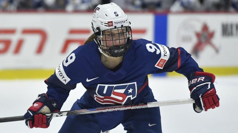 United States forward Kirsten Simms (9) skates during the first period in the semifinals against Finland at the IIHF Women's World Hockey Championships in Utica, N.Y., Saturday, April 13, 2024. (AP Photo/Adrian Kraus)