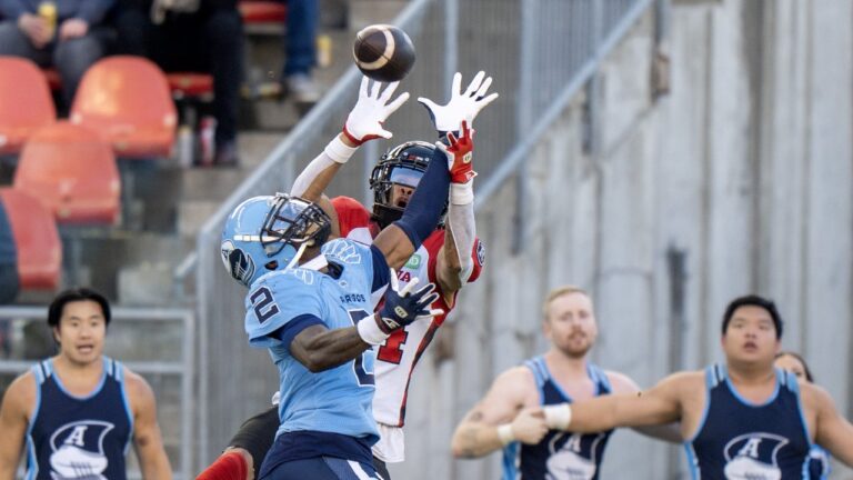 Toronto Argonauts defensive back Tarvarus McFadden (2) intecepts a pass intended for Ottawa Redblacks wide receiver Nick Mardner (84) during second half CFL action in Toronto on Saturday October 19, 2024. HE CANADIAN PRESS/Frank Gunn