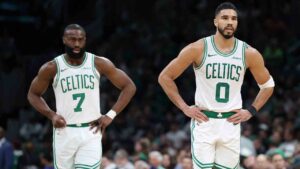 Boston Celtics' Jaylen Brown (7), left, and Jayson Tatum (0) play against the Orlando Magic during the first half in Game 1 of a first-round NBA playoff basketball series Sunday, April 20, 2025, in Boston. (Michael Dwyer/AP)