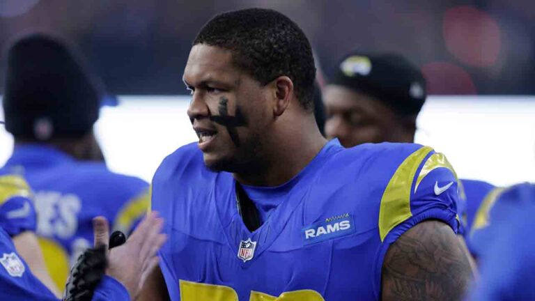 Los Angeles Rams offensive tackle Alaric Jackson (77) walks the sidelines against the Seattle Seahawks in an NFL football game, Thursday, Dec. 18, 2025, in Seattle. (John Froschauer/AP)