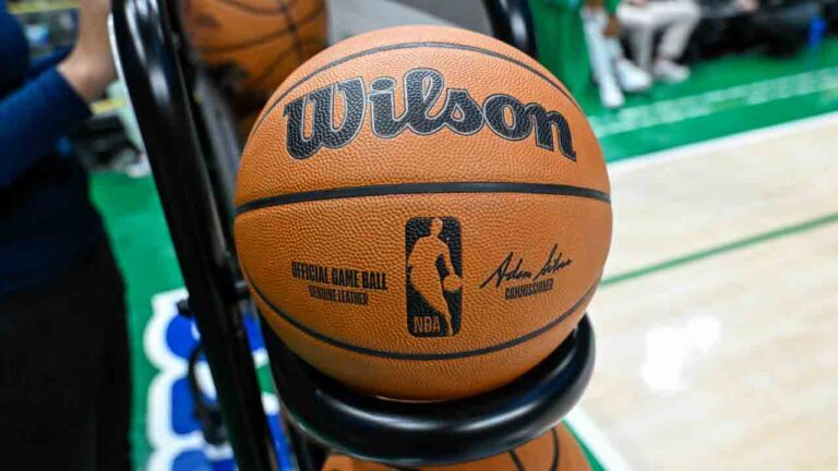 A Wilson official NBA game ball sits on a basketball rack during an NBA basketball game between the Chicago Bulls and Dallas Mavericks Sunday, April 12, 2026, in Dallas. (Albert Pena/AP)