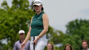 Karis Davidson, of Australia, reacts to her putt on the second hole during the final round of the Women's PGA Championship golf tournament at Hazeltine National Golf Club, Sunday, June 28, 2026, in Chaska, Minn. (AP Photo/Chris Carlson)