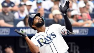 Tampa Bay Rays' Junior Caminero celebrates his home run during the first inning of a baseball game against the New York Yankees Thursday, July 9, 2026, in St. Petersburg, Fla. (Jason Behnken/AP)