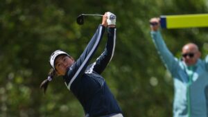 Jeeno Thitikul, of Thailand, drives off the 2nd tee during the third round of the Women's British Open golf championship in Lytham St Annes, England, Saturday, Aug. 1, 2026. (AP Photo/Jon Super)