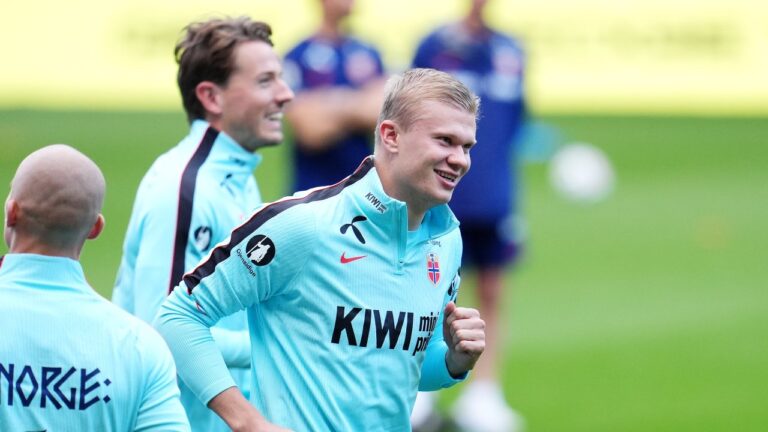 Norway's Erling Haaland during a training session in Cardiff, Wednesday, Sept. 30, 2026. (Nick Potts/PA via AP)