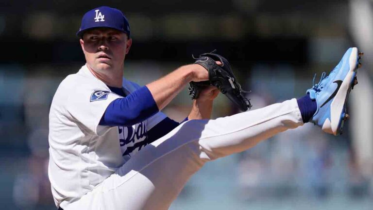 Los Angeles Dodgers starting pitcher Tarik Skubal works against an Atlanta Braves batter during the first inning of Game 1 of a National League Division Series baseball game Saturday, Oct. 3, 2026, in Los Angeles. (Mark J. Terrill/AP)