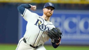 Tampa Bay Rays starting pitcher Drew Rasmussen pitches against the New York Yankees during the first inning of Game 1 of an American League Division Series baseball game Saturday, Oct. 3, 2026, in St. Petersburg, Fla. (Chris O'Meara/AP)