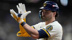 Milwaukee Brewers' Garrett Mitchell reacts after hitting a single during the third inning in Game 1 of a National League Divisional baseball playoff series against the San Diego Padres Saturday, Oct. 3, 2026, in Milwaukee. (Kayla Wolf/AP)