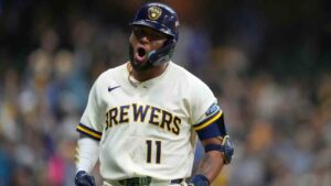 Milwaukee Brewers' Jackson Chourio reacts after hitting a two-run home run during the third inning in Game 1 of a National League Divisional baseball playoff series against the San Diego Padres Saturday, Oct. 3, 2026, in Milwaukee. (Kayla Wolf/AP)