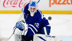 Toronto Maple Leafs goaltender Sergei Bobrovsky (72) makes a save against the Ottawa Senators during third period NHL hockey action in Toronto on Saturday, Oct. 3, 2026. (Frank Gunn/CP)