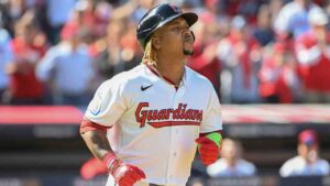 Cleveland Guardians' Jose Ramirez heads to first base after a walk by Chicago White Sox starting pitcher Hagen Smith during the third inning of Game 1of baseball's American League Division Series, Saturday, Oct. 3, 2026, in Cleveland. (Phil Long/AP)