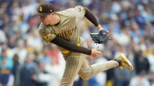 San Diego Padres' Mason Miller throws during the ninth inning of Game 2 of a National League Divisional baseball playoff series against the Milwaukee Brewers Sunday, Oct. 4, 2026, in Milwaukee. (Kayla Wolf/AP)