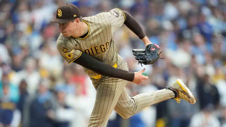 San Diego Padres' Mason Miller throws during the ninth inning of Game 2 of a National League Divisional baseball playoff series against the Milwaukee Brewers Sunday, Oct. 4, 2026, in Milwaukee. (Kayla Wolf/AP)