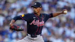 Atlanta Braves starting pitcher Ray Kerr works against a Los Angeles Dodgers batter during the first inning of Game 2 of a National League Division Series baseball game Sunday, Oct. 4, 2026, in Los Angeles. (Mark J. Terrill/AP)